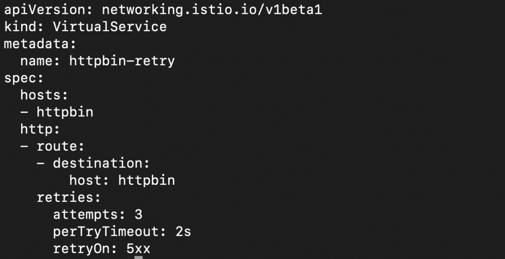 Istio VirtualService retry policy configuration (networking.istio.io/v1beta1) with 3 retry attempts, 2s perTryTimeout, and 5xx error handling in Kubernetes service mesh