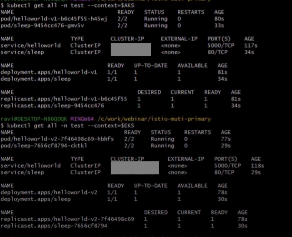 output for pods and services